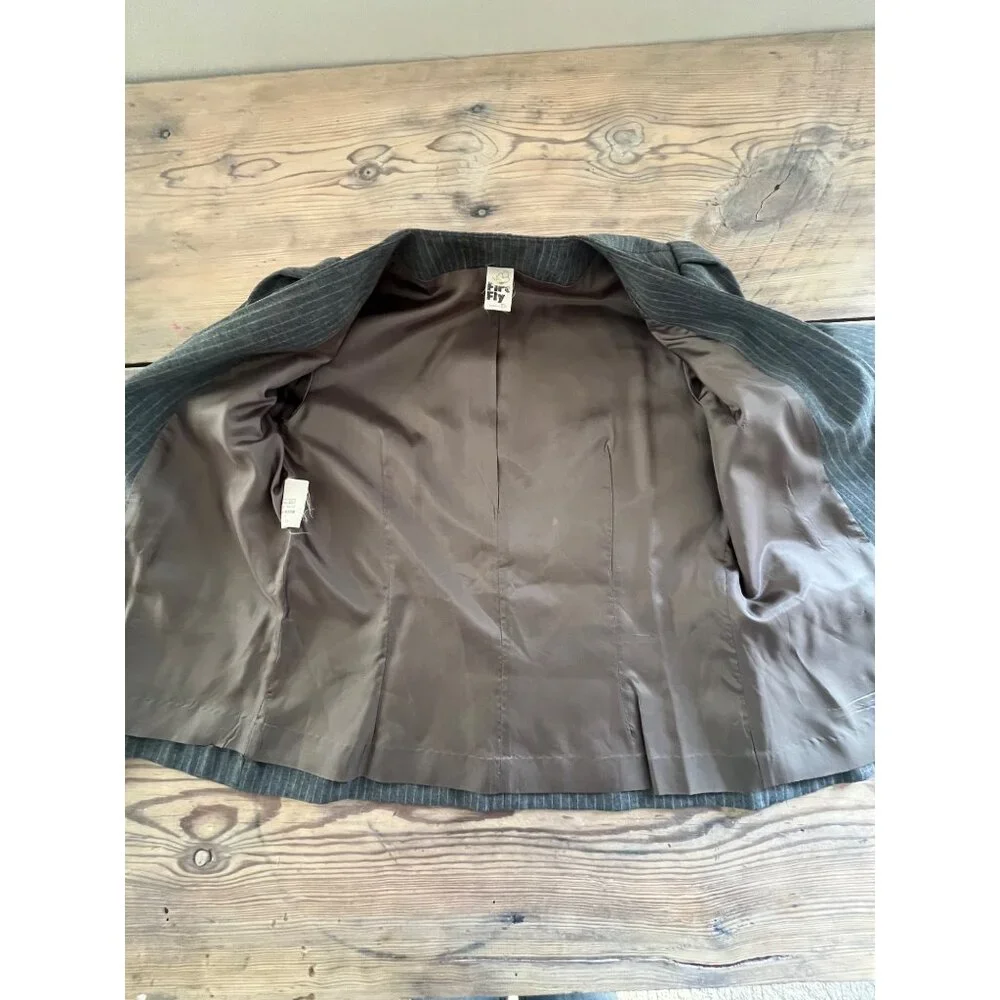 VTG Fire Fly 2 Piece Skirt Suit Womens 9/10 Gray Pinstriped 80s Union Made